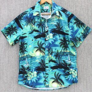EUOW Hawaiian Shirt Mens Large L Blue Floral Pattern Button Down Short Sleeve